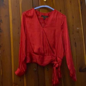 red long sleeve silk blouse w/tie waist